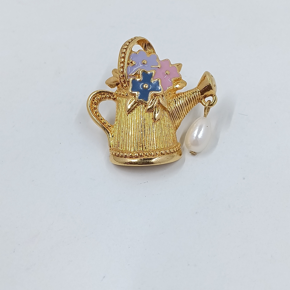Avon Gold Watering Can Brooch with Multicolor Flowers